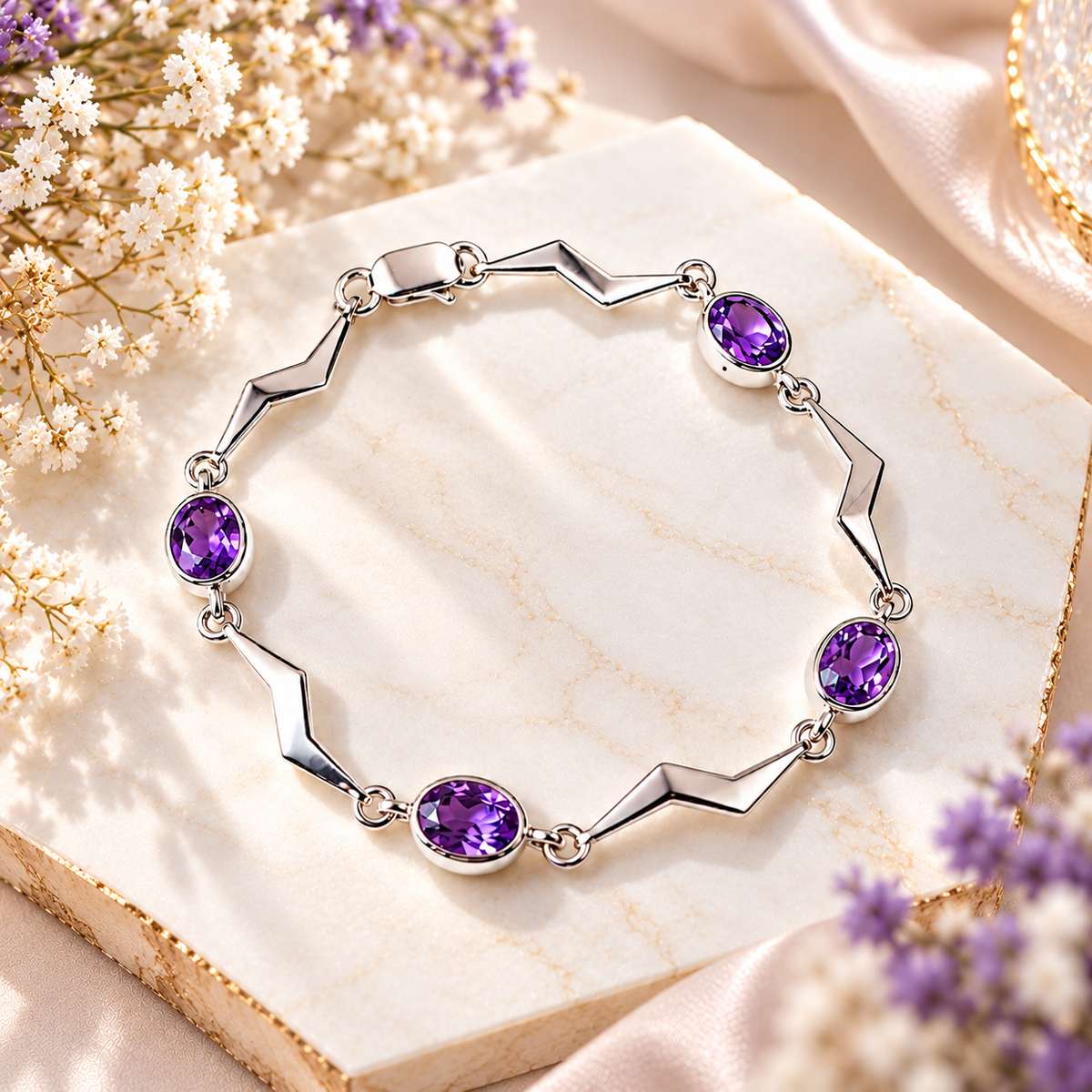 Silver Amethyst CZ Bracelet – Purple Gemstone Link Bracelet