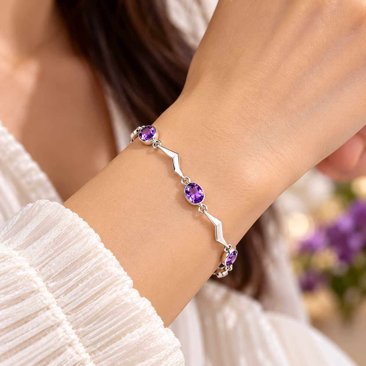 Silver Amethyst CZ Bracelet – Purple Gemstone Link Bracelet
