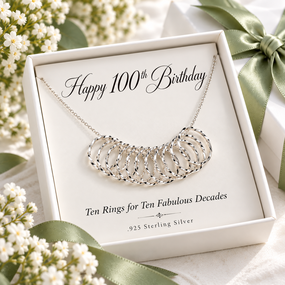 Happy 100th Birthday Sterling Silver Necklace – Ten Rings for Ten Fabulous Decades