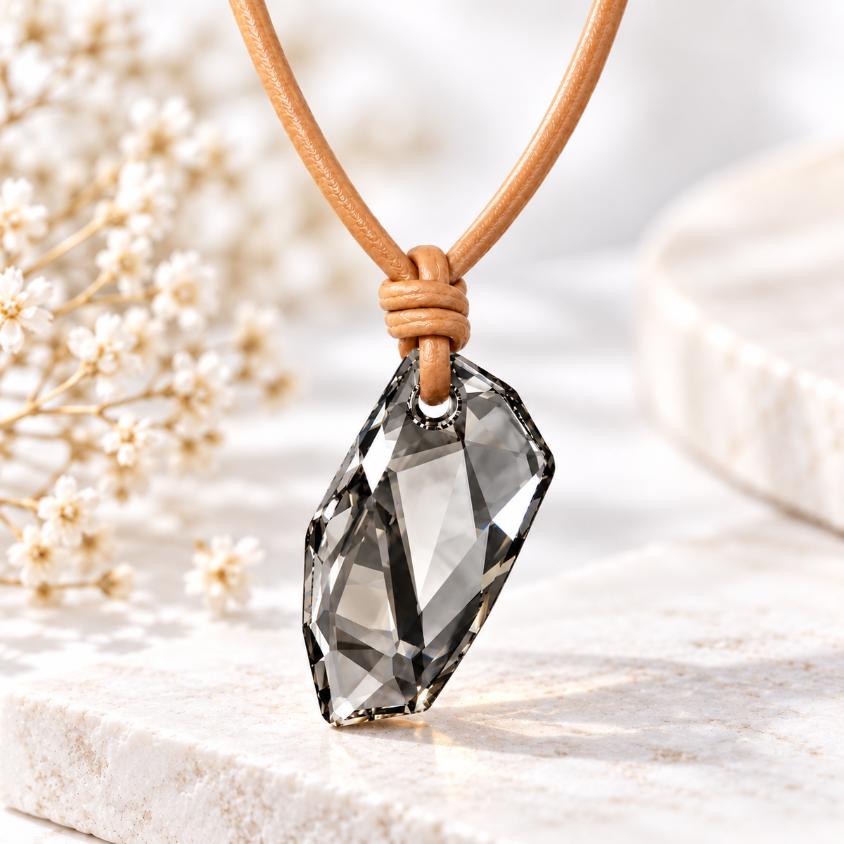 Black Diamond Swarovski Crystal Pendant Leather Necklace