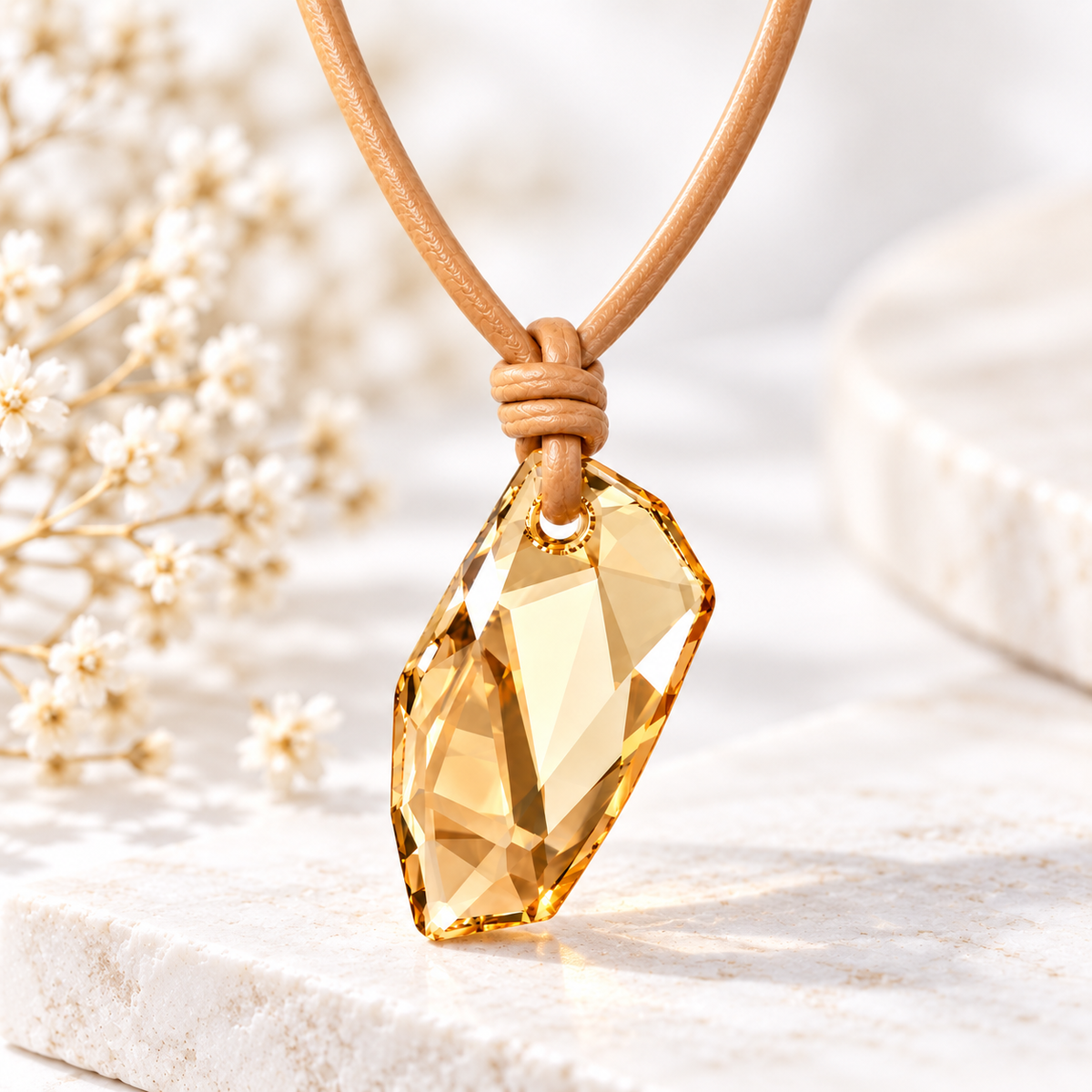 Golden Swarovski Crystal Pendant Leather Necklace – Elegant Statement Jewelry