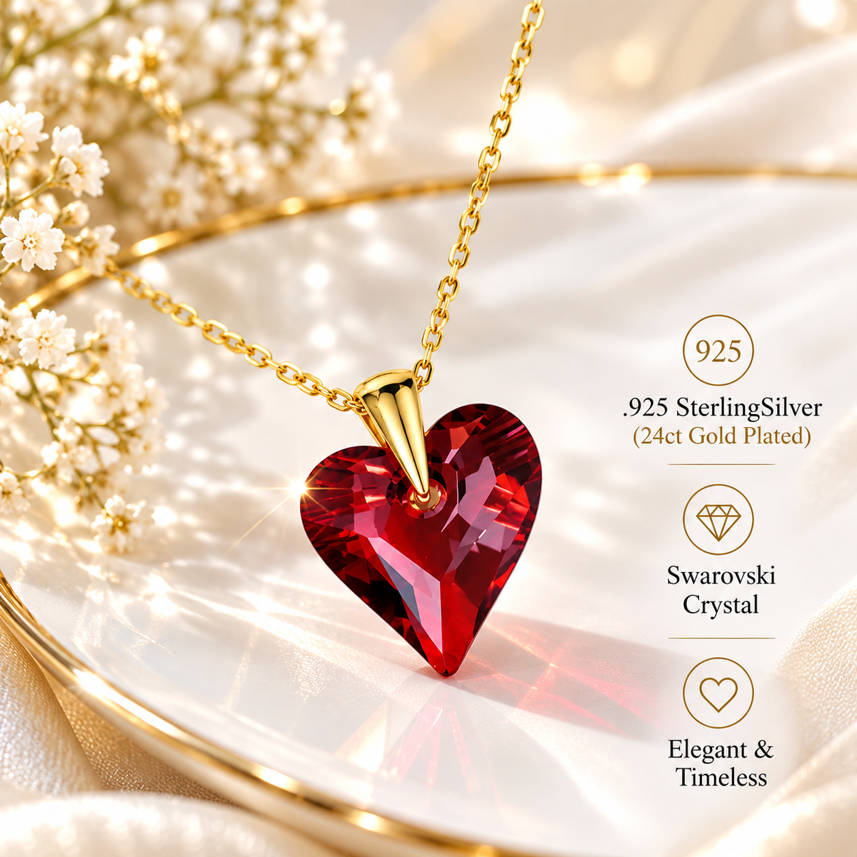 Sterling Silver 24ct Gold Plated Swarovski Crystal Heart Pendant Necklace